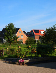 Fototapeta na wymiar Dutch countryside landscape. Wooden houses, green trees, blue sky. Beautiful nature of the Netherlands. 