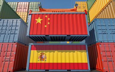 Freight containers with China and Spain national flags. 3D Rendering 