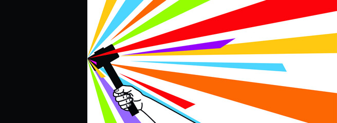 Hammer blow. Flying multi-colored sparks on a white background. Strong hit. Vector illustration of a sledgehammer in hand.