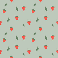 cute strawberry and leaf in green background for fabric seamless pattern
