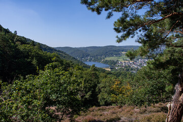 Fototapeta na wymiar The view from the Engelsblick viewpoint of Obermaubach and the dam