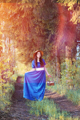 Young beautiful girl in dresses on nature. A girl in a hat walks in the park. Young woman on a picnic with a basket outside the city.