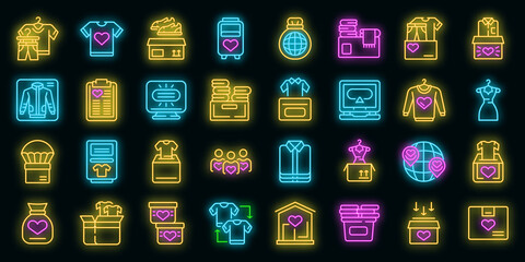 Clothes donation icons set. Outline set of clothes donation vector icons neon color on black