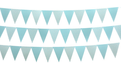 Rows of triangular bunting flags on white background. Festive decor