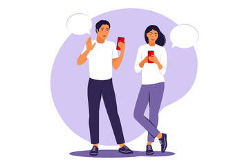 Live conversation between two friends. Guy and girl standing with phones and speech bubbles. Vector illustration. Flat.