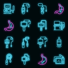 Endoscope icons set. Outline set of endoscope vector icons neon color on black