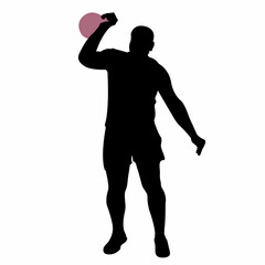 Silhouette of a weightlifter in a standing position with a kettlebell. Weight-lifting. Flat style. Training set. Isolated vector illustration.