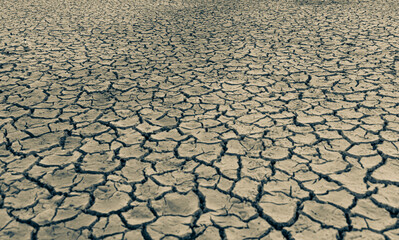 Mudflat cracked desert barren surface for natural background, layer, wallpaper, photo effect. Black and White Monochrome image of drought effects of global warming