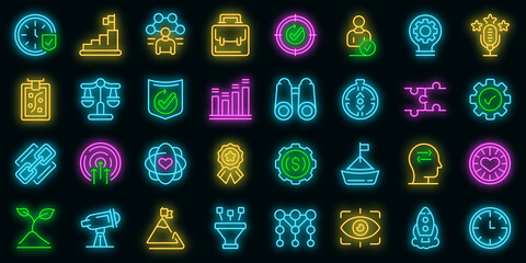 Core values icons set. Outline set of core values vector icons neon color on black
