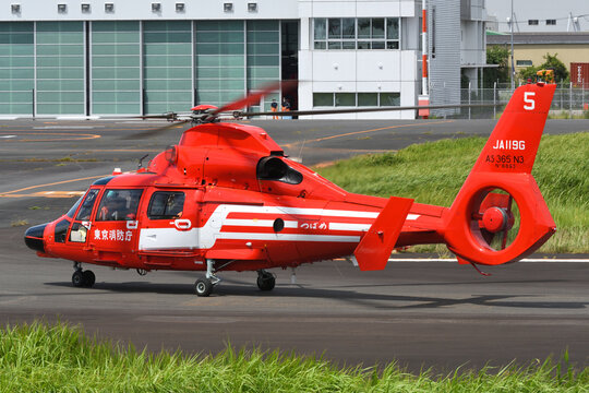 Tokyo, Japan - August 11, 2021:Tokyo Fire Department Airbus Helicopters AS365N3 Dauphin (JA119G) Medium Utility Helicopter.