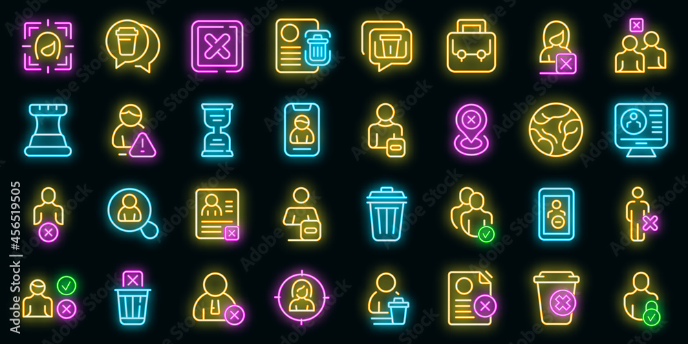 Poster delete user icons set. outline set of delete user vector icons neon color on black