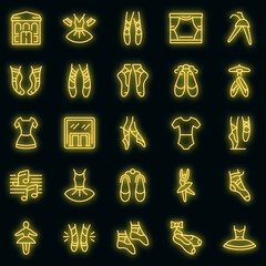 Ballet school icons set. Outline set of ballet school vector icons neon color on black