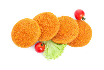 Uncooked breaded cutlets, tomatoes and lettuce on white background, top view. Freshly frozen...