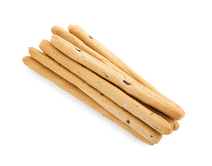 Fresh delicious grissini sticks on white background, top view