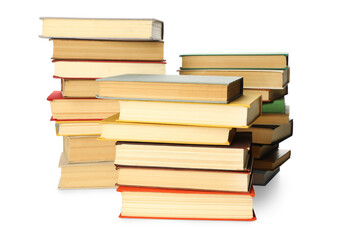 Lots of library books on white background