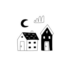 Cozy home. Cute little forest houses in night, moon and cloud, hand drawn doodle scandinavian style, square print for t-shirt and nursery, woodland vector isolated illustration