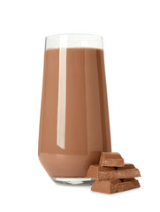 Glass of tasty chocolate milk on white background