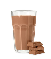 Glass of tasty chocolate milk on white background
