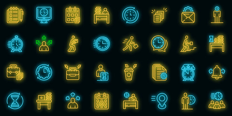 Rush job icons set. Outline set of rush job vector icons neon color on black