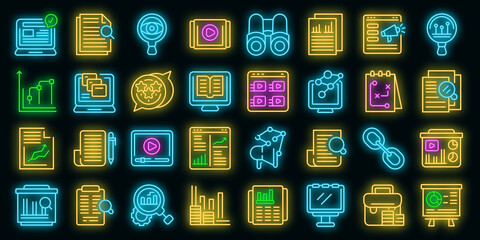 Market studies icons set. Outline set of market studies vector icons neon color on black