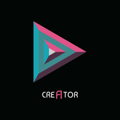 Logo for video. The flat logo of triangular play button in 3D color style, with ‘Creator’ logo text below. EPS8 vector.