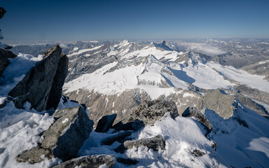 Mountain glacier panorama in the Hohe Tauern Alps, Austria. Breathtaking view from the summit of Grossvenediger.