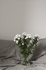 bouquet of white flowers in bed bedroom with  natural bed sheets blanket 
crumpled