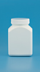 white unbranded jar on blue background. medical bottle vertical mockup. medical jar template for branding, text and design