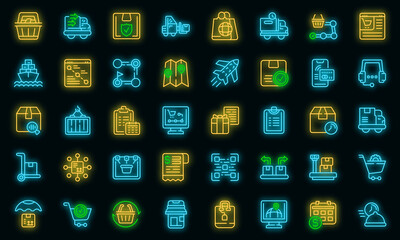 Ordering process icons set. Outline set of ordering process vector icons neon color on black
