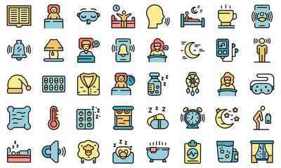 Sleep problems icons set. Outline set of sleep problems vector icons thin line color flat isolated on white