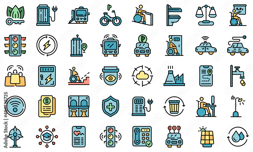 Poster accessible environment icons set. outline set of accessible environment vector icons thin line color