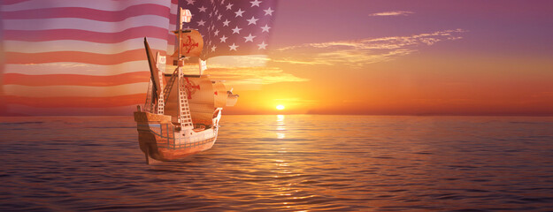 Vintage sailboat on the sea sunset background . National USA holiday . COLUMBUS DAY.
