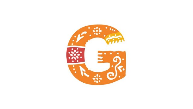 Letter G. Ethnic ornament, national pattern in letter. 3 colors. 4K video. Isolated on white background. Cartoon Animation. Capital Letter G for education, erudition, ABC, software, interface game.