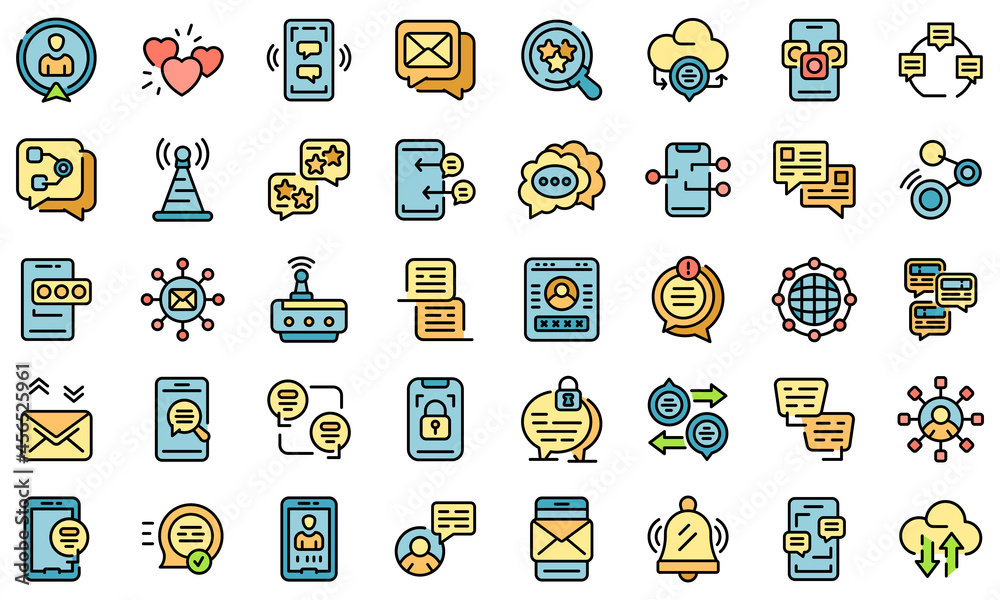 Poster messaging network icons set. outline set of messaging network vector icons thin line color flat isol