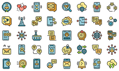 Messaging network icons set. Outline set of messaging network vector icons thin line color flat isolated on white