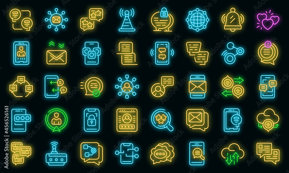 Poster messaging network icons set. outline set of messaging network vector icons neon color on black