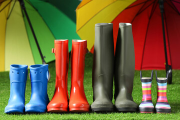 Rainboots for all family members on green grass