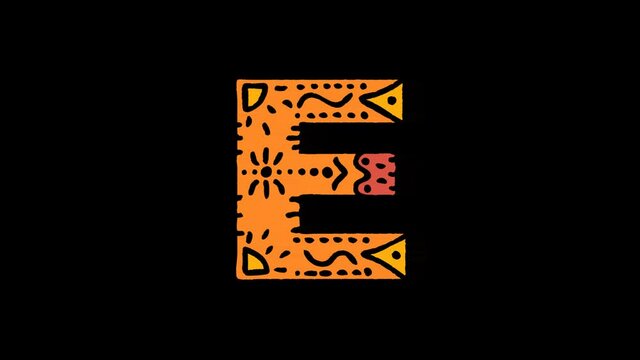 Letter E. 4K, Transparent Alpha channel. Cartoon Animation, Shake twitch effect. Ethnic ornament, national folk pattern in letter. 3 colors. Capital Letter E for ABC education, erudition, game.