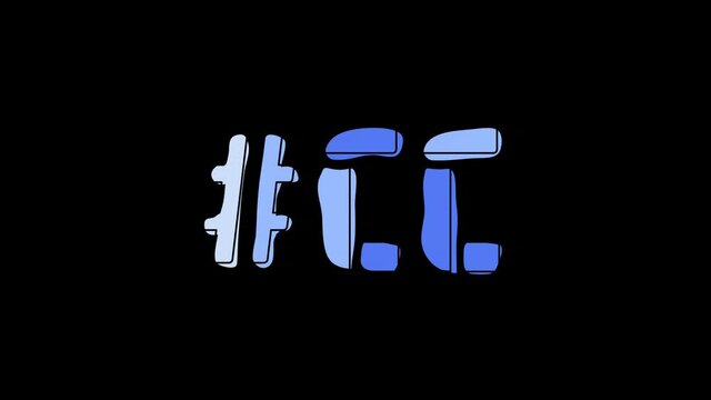 Hashtag #CC. 4K video. Blue font animated isolated on transparent Alpha channel. Contrasting symbol, moving mobile form, black outline. Trendy popular Hashtag CC for user interface, Adult resources