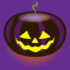 a glowing, sinister black pumpkin with a terrible grin on a dark purple background. celebrating Halloween. bright colorful poster.