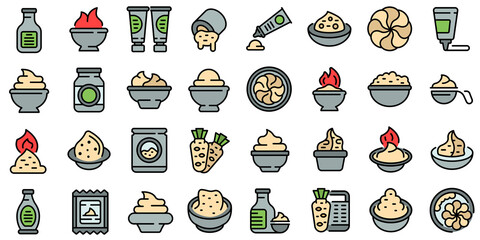 Wasabi icons set. Outline set of wasabi vector icons thin line color flat isolated on white