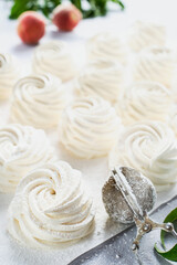 Freshly cooked Zephyr (marshmallow) - airy Russian dessert close-up. Selective focus. Tea delicacy