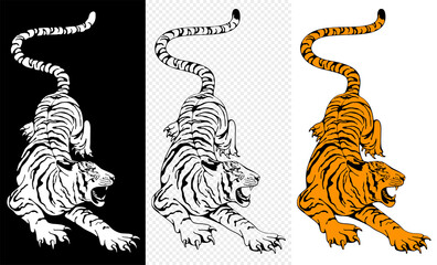 Attacking tiger. Stylized characters set. Hand drawing by ink artwork. Chinese zodiac symbol of 2022 lunar new year. Vector illustration.