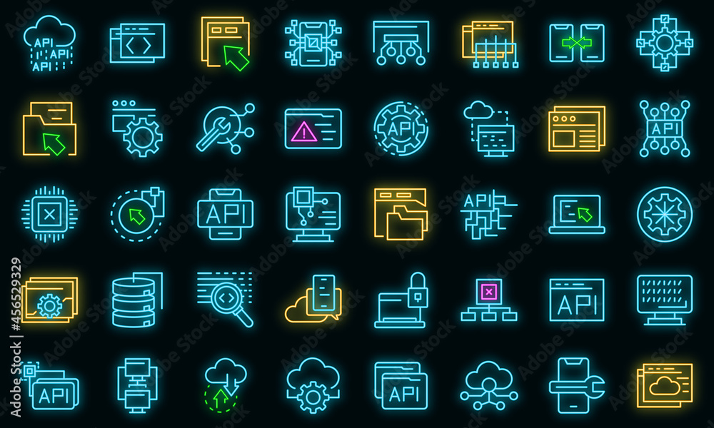 Poster api icons set. outline set of api vector icons neon color on black