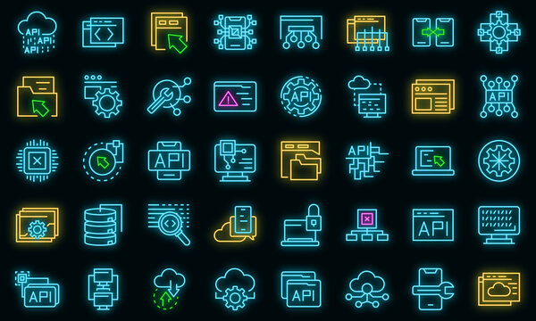 API icons set. Outline set of API vector icons neon color on black