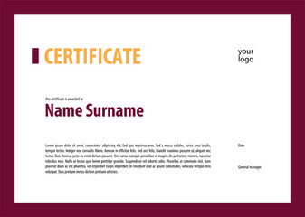 Certificate design template. Burgundy yellow colors. Minimalism. Diploma. Vector.