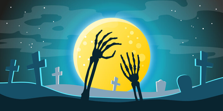 Halloween banner. Full moon against the dark sky, flying vampire bats and silhouettes of graves, crosses in the cemetery and zombie bones in the moonlight