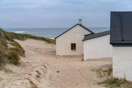 Stenbjerg Landingsplads, a small idyllic fishing village on a beach and between the high dunes, Thy National Park, Northwest Jutland, Denmark
