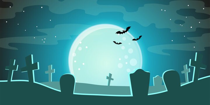 Halloween banner. Full moon against the dark sky, flying vampire bats and silhouettes of graves, crosses in the cemetery in the moonlight
