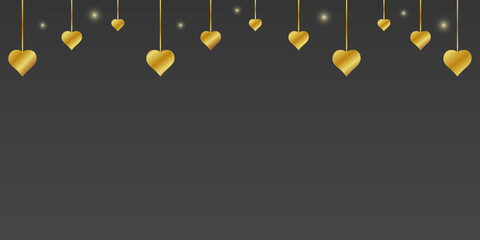 Black background with golden hearts hanging on golden threads. 3 D. Vector illustration.
